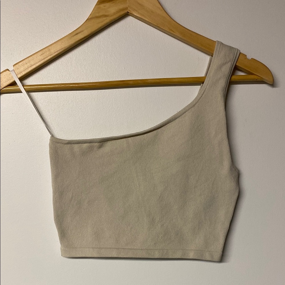BABATON Cream Asymmetrical Sleeveless Crop Top